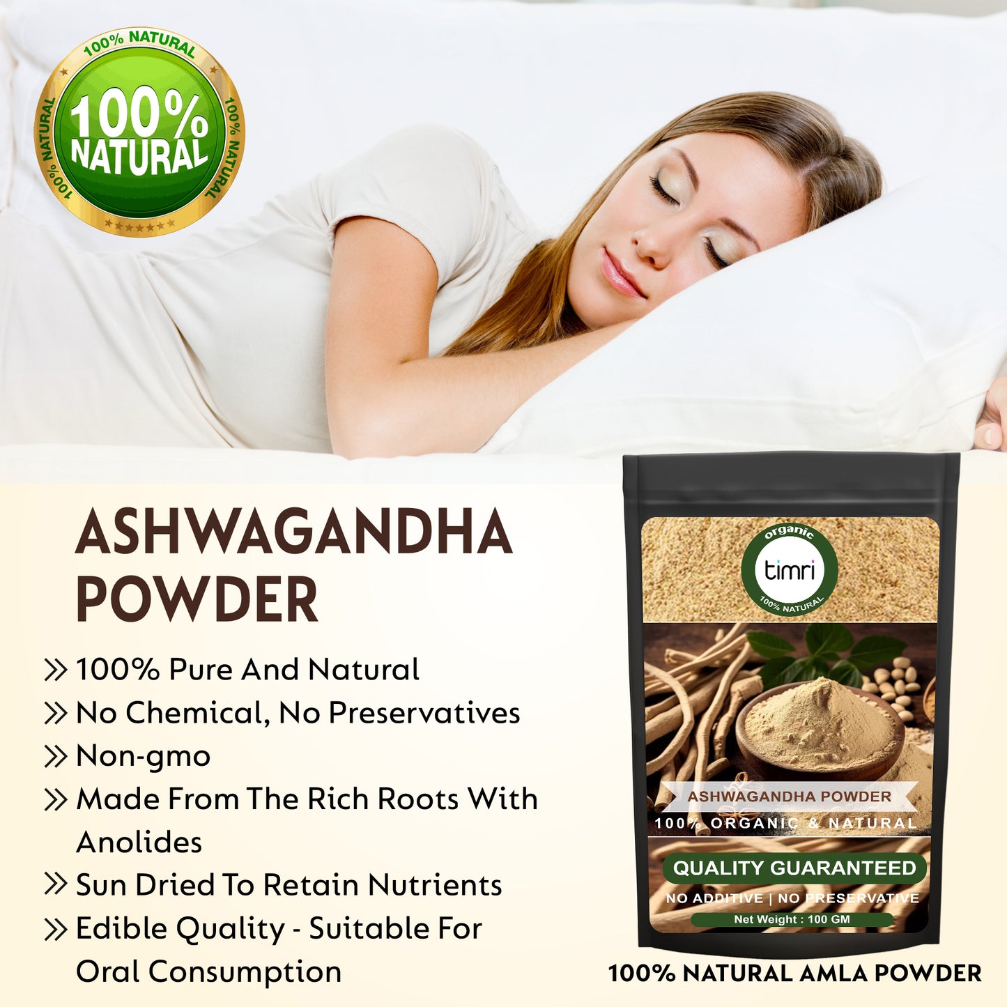 Timri Premium Ashwagandha Powder (100gm ) | Stress Relief, Energy Boost & Hormonal Balance