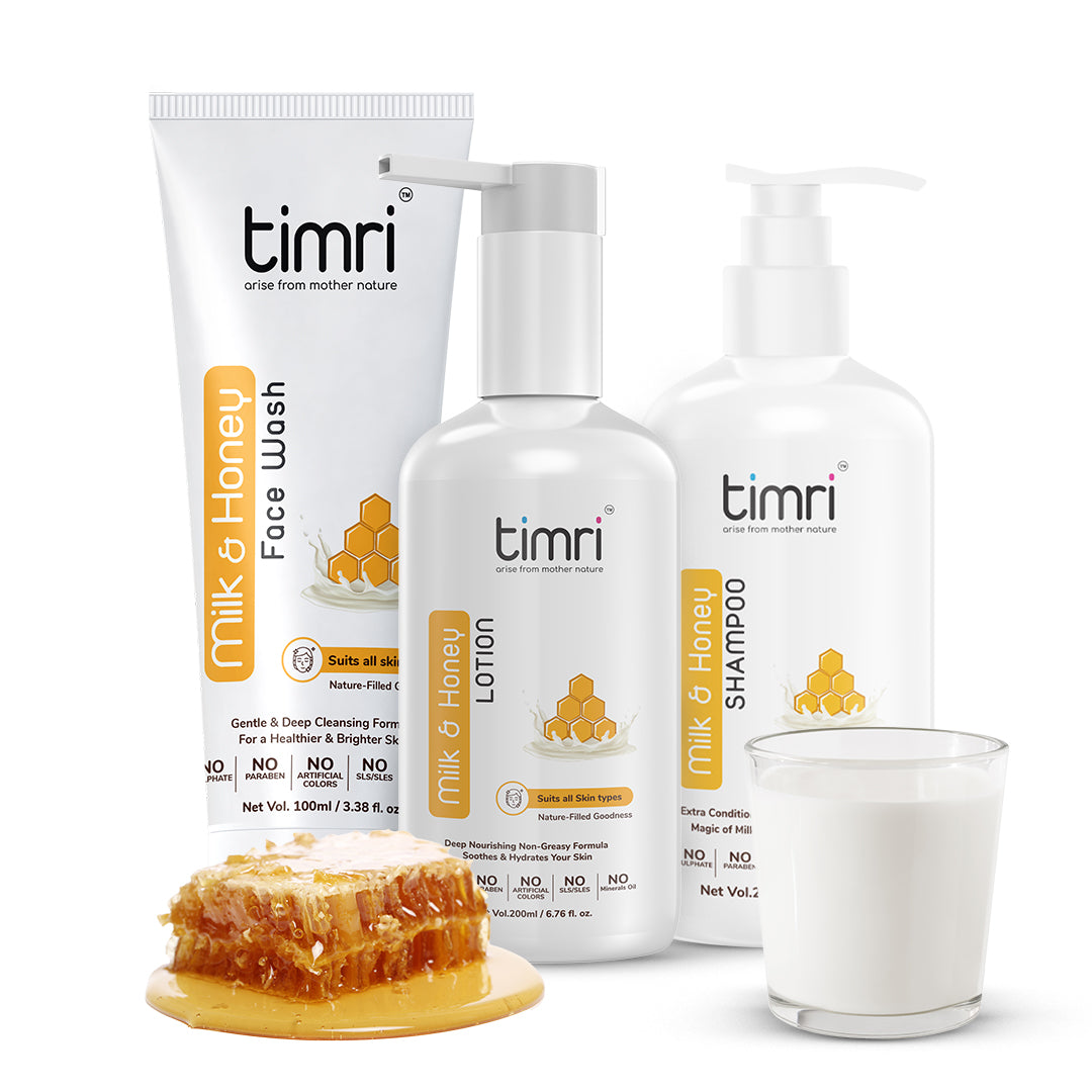 TIMRI Milk & Honey Range Combo for Shampoo, Face Wash and Lotion (200ml, 100ml, 200ml)