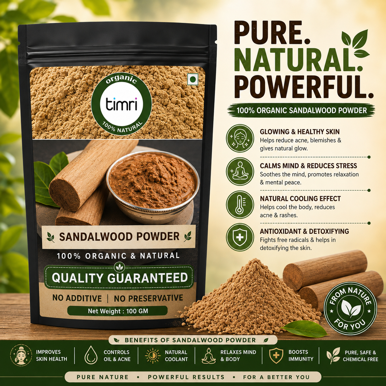 TIMRI Pure Sandalwood Powder (Chandan Powder) 100g | Natural Face Pack for Glowing Skin, Oil Control & Skin Care