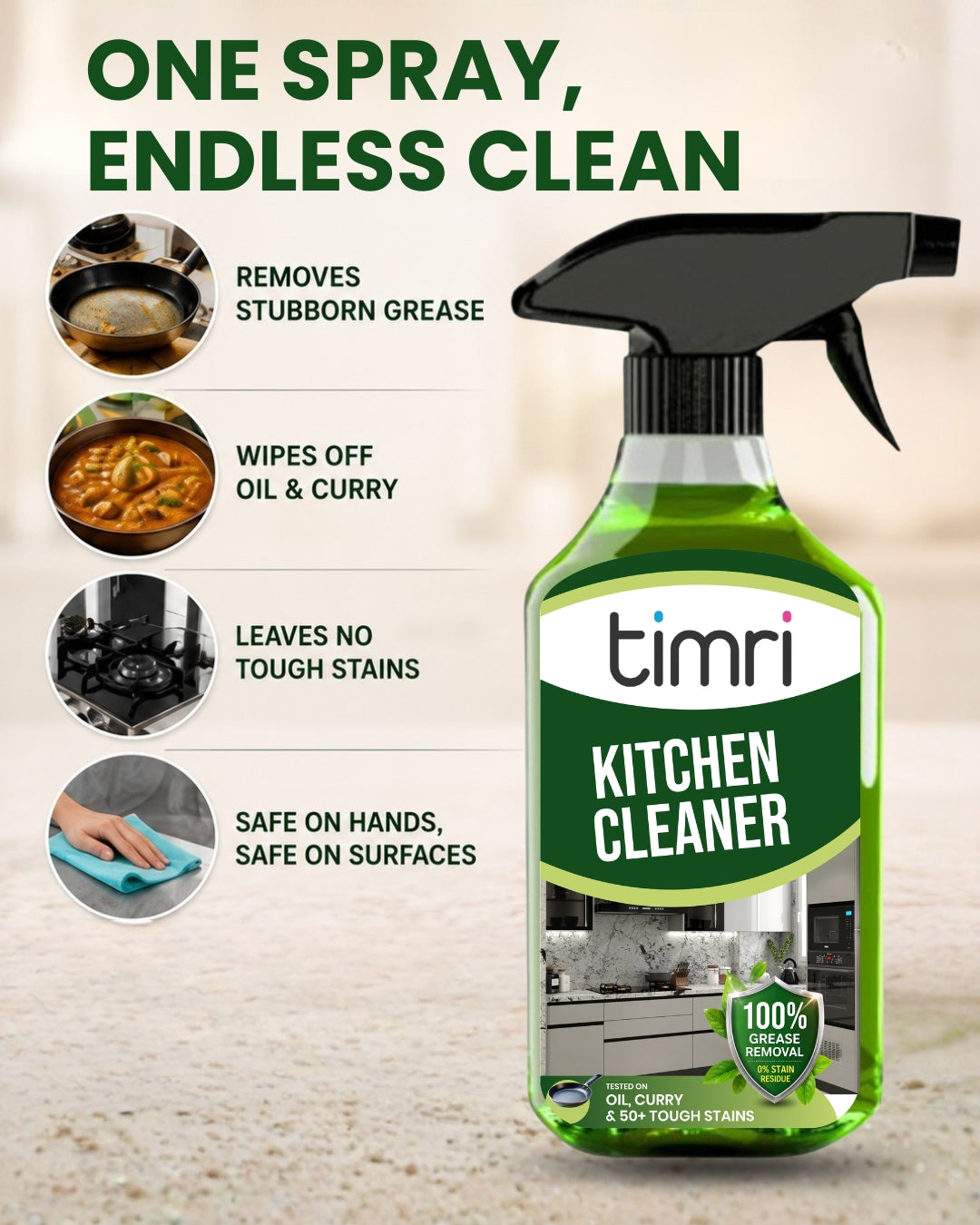 TIMRI Kitchen Cleaner Spray – Powerful Grease & Oil Remover for Kitchen Surfaces | 500ml