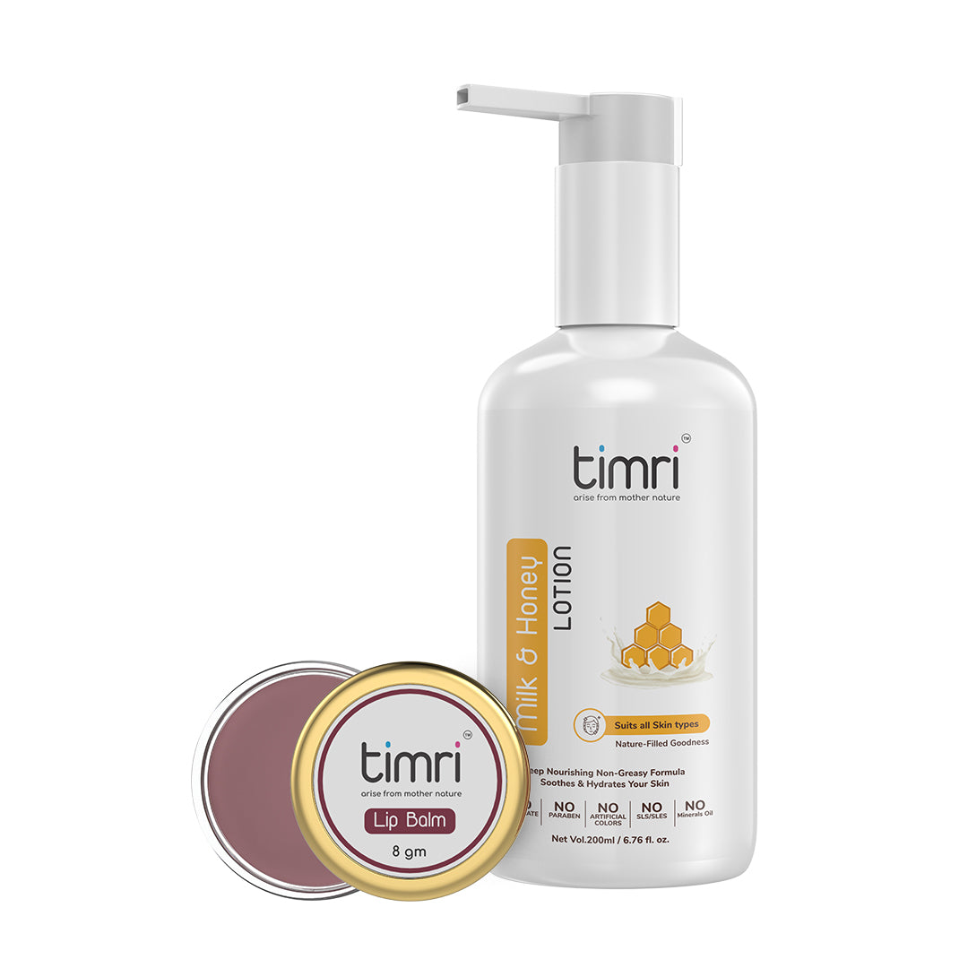 TIMRI Moisturizers Combo of Milk & Honey Lotion and Beetroot Lip Balm (200ml & 8gm)