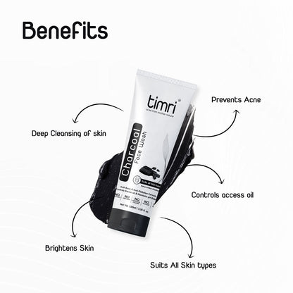 TIMRI Charcoal Face Wash for Oil & Acne Control, for Normal to Oily Skin Type- 100ml
